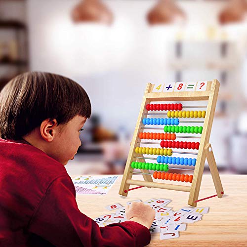 Bestdon Ábaco, Abacus Para Niños de Madera Juguetes, Marco de Cuentas para Contar y Aritmética, 100 Cuentas Multicolores con Palos de Conteo, Tarjetas Numéricas del Alfabeto