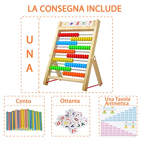 Bestdon Ábaco, Abacus Para Niños de Madera Juguetes, Marco de Cuentas para Contar y Aritmética, 100 Cuentas Multicolores con Palos de Conteo, Tarjetas Numéricas del Alfabeto