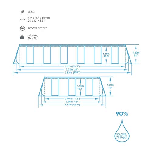 Bestway 732x366x132 cm, mit und Zubehör Power Steel Rectangular Pool 732 x 366 x 132 cm, Stahlrahmenpool-Set con Filterpumpe y Accesorios, Gris