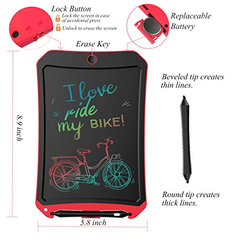 BIBOYELF Tableta De Escritura Lcd Para Regalo De Cumpleaños, Juguete Para Niños Tablero De Dibujo Electrónico Colorido De 8.5 '' Pizarra De Oficina - Bloqueo De Botón De Borrado Incluido (Rojo)