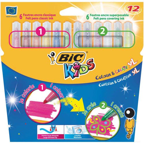 Bic Kids Color & Create XL - Pack de 12 rotuladores de punta fina, multicolor