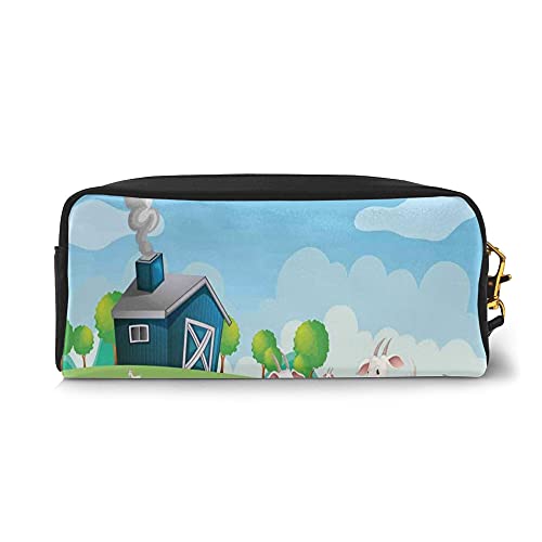 Big Capacity Pencil Case Stationery Pouch,Pleasant Farm Life Illustration With Colorful Houses Green Meadows Happy Goats,Pen Bag with Zipper Bag for Boy Girl