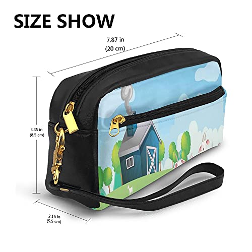 Big Capacity Pencil Case Stationery Pouch,Pleasant Farm Life Illustration With Colorful Houses Green Meadows Happy Goats,Pen Bag with Zipper Bag for Boy Girl