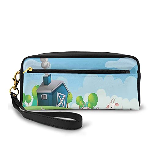 Big Capacity Pencil Case Stationery Pouch,Pleasant Farm Life Illustration With Colorful Houses Green Meadows Happy Goats,Pen Bag with Zipper Bag for Boy Girl