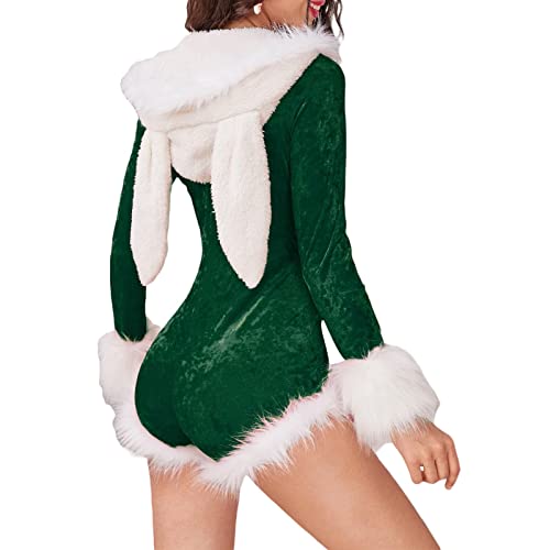 Bingchuan Disfraz de Papá Noel para Mujer, Mono con Cuello en V, Conejito Peludo, con Capucha, ceñido al Cuerpo, Mono Sexy de una Pieza, Pantalones Cortos, Traje de Santa, Fiesta, Vestido Elegante