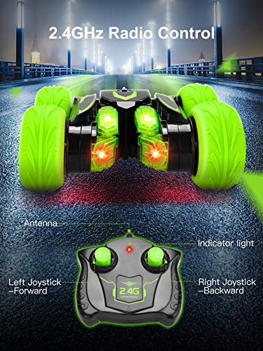 BlueFire RC - Coche teledirigido 4WD Stunt Coche teledirigido con rotación de 360 grados con luz LED, 2,4 GHz Escala para carreras con batería recargable, regalo para niños (verde)