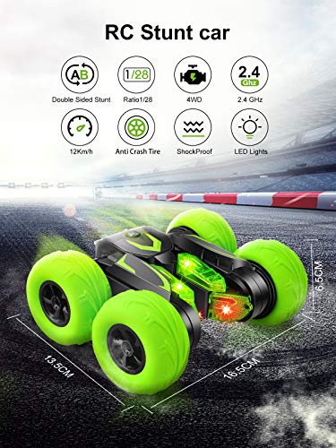 BlueFire RC - Coche teledirigido 4WD Stunt Coche teledirigido con rotación de 360 grados con luz LED, 2,4 GHz Escala para carreras con batería recargable, regalo para niños (verde)