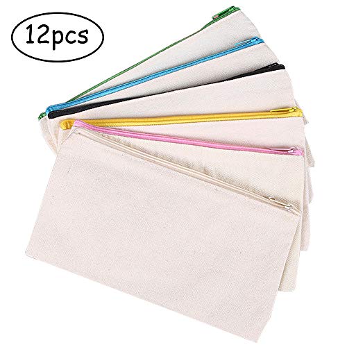 Bolsa de Maquillaje de Lona, 12 Piezas Bolso Cosmético de Lona DIY, Bolsas de Lona con Cremallera, Bolsas de Cremalleras en Blanco de Bricolaje para Maquillaje de Viaje, Estuche de Lápices (Blanco)