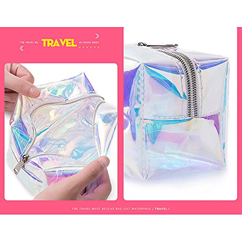 Bolsa de maquillaje iridiscente holograma holográfico estuche para lápices, soporte para bolígrafos, impermeable, portátil, bolsa de aseo con cremallera, bolsa de almacenamiento para mujeres