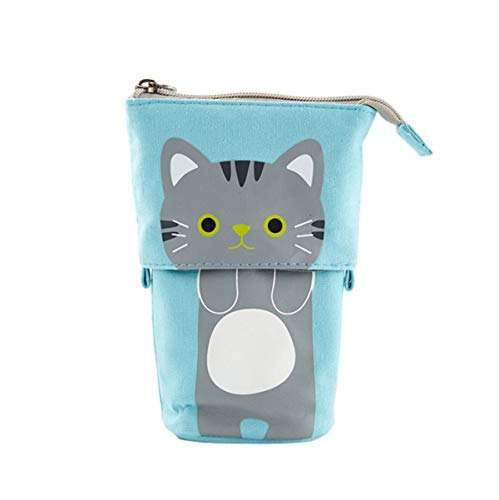 Bolso de Lápiz Flexible Soporte Telescópico Estuche de Lona con Cremallera Dibujos Animados Lindos Multifunción para Estudiantes Escolares Niños Niños (Gato gris, 17cm*12cm)