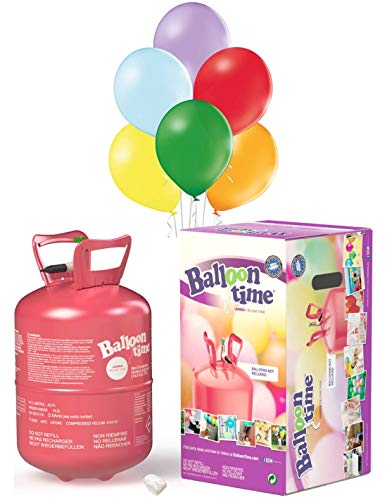 Bombona de Helio Desechable 0.42m3 con 50 Globos Pastel de Latex de 25cm y Lazos