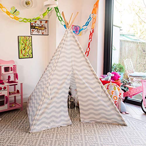 boppi® Tipi Sleepover tienda de campaña para niños grande al aire libre/interior Tipi tiendas de campaña de madera indio Wigwam niños Playhouse niñas niños (gris y blanco)