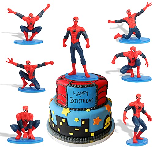 Cake Topper Spiderman, Gxhong Decoración Pastel de Spiderman, 7 Mini Modelo de Spiderman con una Base, Decoración de Pastel de Superhéroes, Mini Juguetes de Spiderman, Cake Topper de Avengers