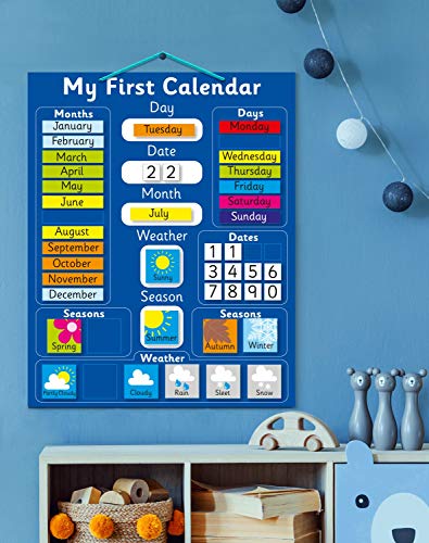 Calendario magnético Azul para Aprender inglés, Color Azul Pizarra rígida de 40 x 32 cm con Sistema de suspensión.