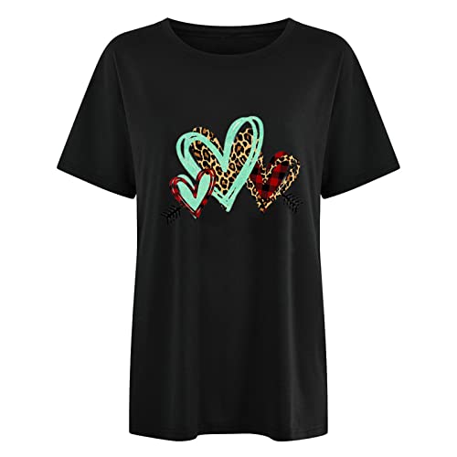 Camiseta con estampado en forma de corazón, de manga corta, informal, holgada, elegante, para mujer, San Valentín, cuello redondo, tallas grandes, Negro , XXL