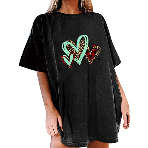 Camiseta con estampado en forma de corazón, de manga corta, informal, holgada, elegante, para mujer, San Valentín, cuello redondo, tallas grandes, Negro , XXL