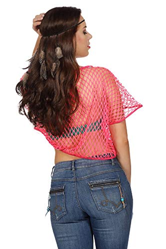 Camiseta de malla para mujer, manga corta, color rosa, naranja, verde neón, tecno discoteca, carnaval, disfraz de mujer (rosa)