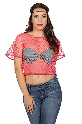 Camiseta de malla para mujer, manga corta, color rosa, naranja, verde neón, tecno discoteca, carnaval, disfraz de mujer (rosa)