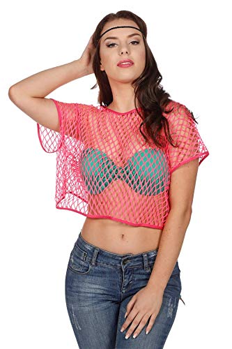 Camiseta de malla para mujer, manga corta, color rosa, naranja, verde neón, tecno discoteca, carnaval, disfraz de mujer (rosa)