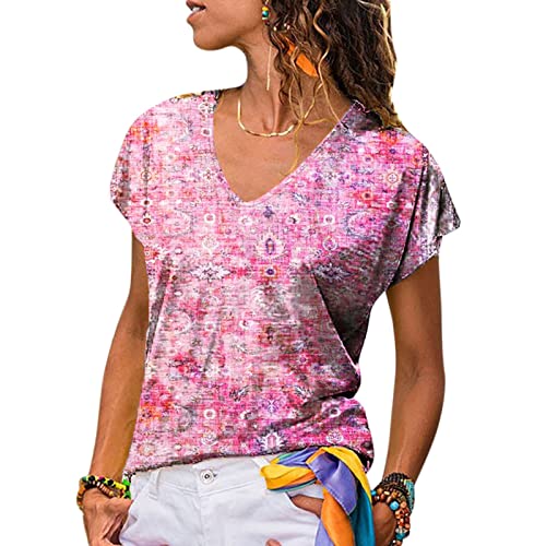 Camiseta de manga corta de gran tamaño, camiseta para mujer con impresión elegante, cuello redondo, manga corta, suéter informal, Rosa., M