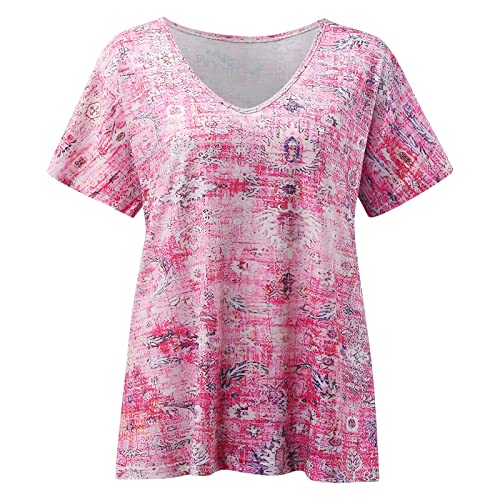 Camiseta de manga corta de gran tamaño, camiseta para mujer con impresión elegante, cuello redondo, manga corta, suéter informal, Rosa., M