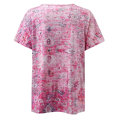 Camiseta de manga corta de gran tamaño, camiseta para mujer con impresión elegante, cuello redondo, manga corta, suéter informal, Rosa., M