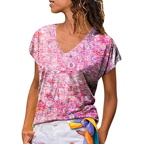 Camiseta de manga corta de gran tamaño, camiseta para mujer con impresión elegante, cuello redondo, manga corta, suéter informal, Rosa., M