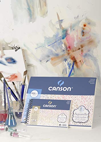 Canson Aquarelle - Bloc Encolado a 4 Lados, 31 x 41 cm, 20 Hojas, 60% Algodón, Grano Fino, 300 g