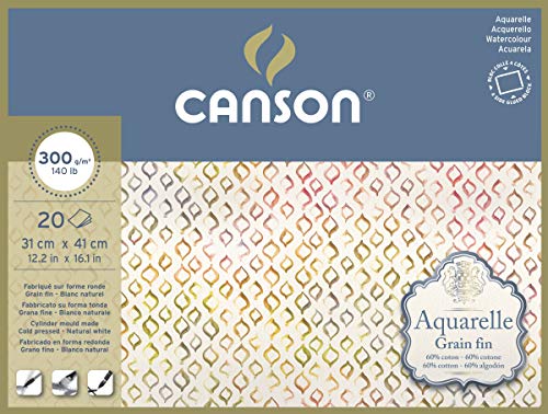 Canson Aquarelle - Bloc Encolado a 4 Lados, 31 x 41 cm, 20 Hojas, 60% Algodón, Grano Fino, 300 g