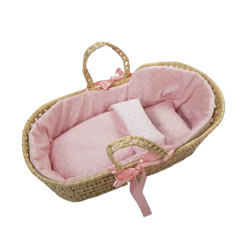 Capazo de Mimbre para Muñecas + Vestidura – Moises de mimbre para muñecas – Inclue: colcha, almohada, cubrecapazo y colchón – Estrellas – Rosa – Handmade – Nenel – (Muñeco NO incluido) (Rosa)