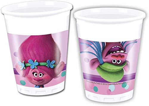 CAPRILO. Lote de Cubiertos Infantiles Trolls (16 Vasos, 16 Platos, 20 Servilletas y 1 Mantel) .Vajillas y Juguetes para Fiestas de Cumpleaños, Bodas, Bautizos y Comuniones.