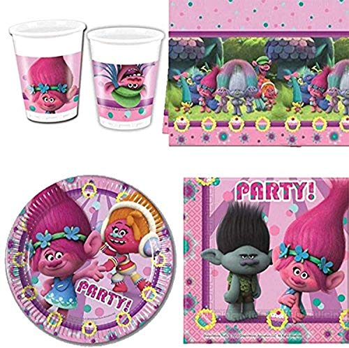 CAPRILO. Lote de Cubiertos Infantiles Trolls (16 Vasos, 16 Platos, 20 Servilletas y 1 Mantel) .Vajillas y Juguetes para Fiestas de Cumpleaños, Bodas, Bautizos y Comuniones.