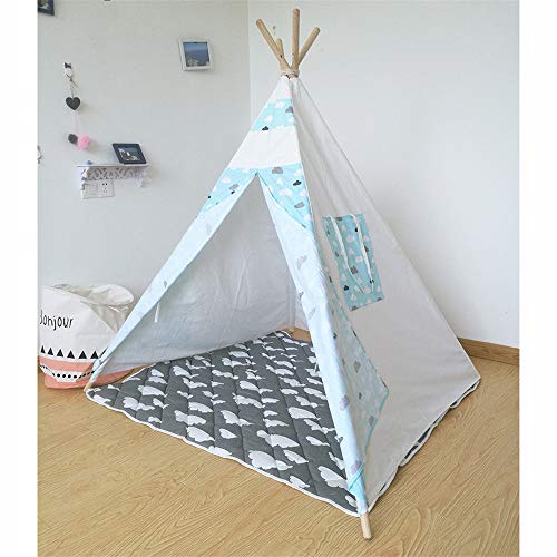 Carpa infantil Plegable de lona de algodón Teepee Room Fotografía Carpa Decoración Indian Playhouse Tienda tipi con tapete Bolsillo for niñas Niños Bebés Niño pequeño Nube azul Playhouse Toy para jueg