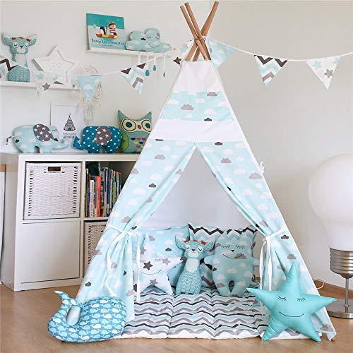 Carpa infantil Plegable de lona de algodón Teepee Room Fotografía Carpa Decoración Indian Playhouse Tienda tipi con tapete Bolsillo for niñas Niños Bebés Niño pequeño Nube azul Playhouse Toy para jueg