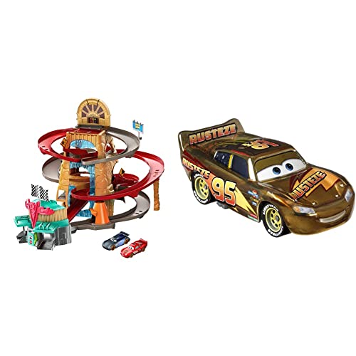 Cars Radiador Springs Pista de Carreras de Coches de Juguete, Incluye 2 vehículos Personaje + Rayo McQueeen Dorado Coche de Juguete Personaje, Regalo para niños + 3 años (Mattel GYG27)