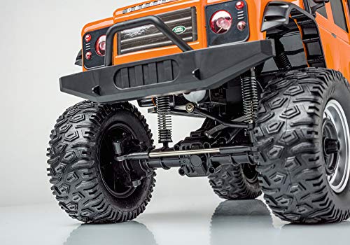 Carson 500404171 Land Rover Defender 1:8 - Coche Todoterreno teledirigido hasta 20 km/h rápido, 100% RTR, Incluye Pilas y batería con iluminación LED, Color Naranja