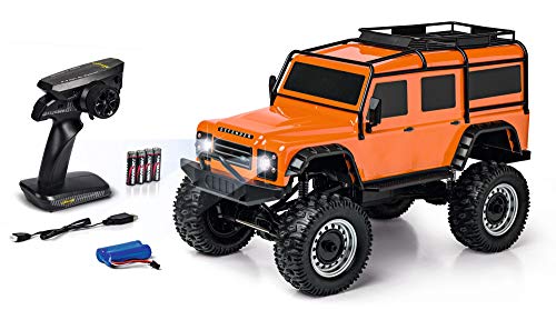 Carson 500404171 Land Rover Defender 1:8 - Coche Todoterreno teledirigido hasta 20 km/h rápido, 100% RTR, Incluye Pilas y batería con iluminación LED, Color Naranja