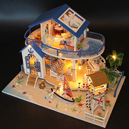 Casa De MuñEcas De Madera De Bricolaje,Villa Mediterranea Holiday House Realista 3D Dollhouse con Muebles Luz LED Y Piscina para Regalo Creativo De San ValentíN Y Hogar