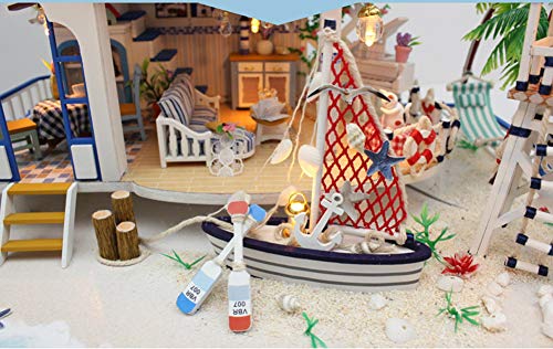 Casa De MuñEcas De Madera De Bricolaje,Villa Mediterranea Holiday House Realista 3D Dollhouse con Muebles Luz LED Y Piscina para Regalo Creativo De San ValentíN Y Hogar