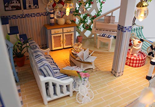 Casa De MuñEcas De Madera De Bricolaje,Villa Mediterranea Holiday House Realista 3D Dollhouse con Muebles Luz LED Y Piscina para Regalo Creativo De San ValentíN Y Hogar