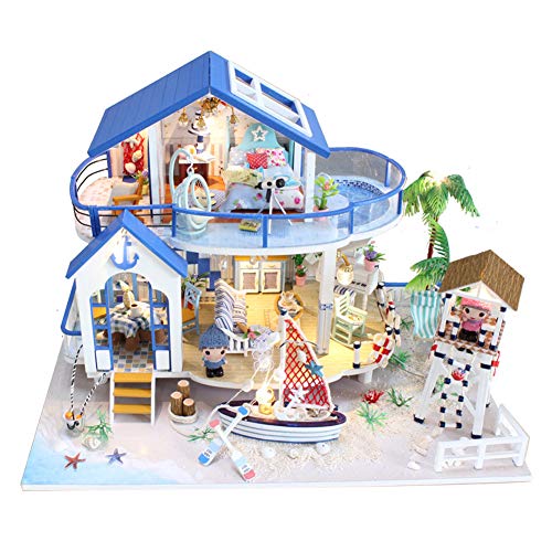 Casa De MuñEcas De Madera De Bricolaje,Villa Mediterranea Holiday House Realista 3D Dollhouse con Muebles Luz LED Y Piscina para Regalo Creativo De San ValentíN Y Hogar