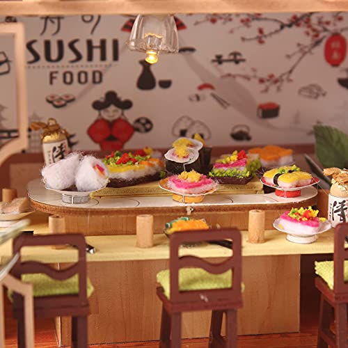 Casa de Muñecas, DIY Kit de Modelo de Tienda de Sushi Japonés de Madera Kit de Casa de Muñecas 3D Miniatura de Madera con Muebles Regalos Creativos de Navidad/Cumpleaños/Año Nuevo