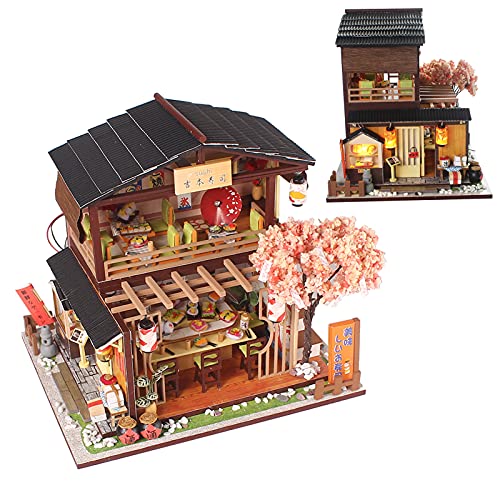 Casa de Muñecas, DIY Kit de Modelo de Tienda de Sushi Japonés de Madera Kit de Casa de Muñecas 3D Miniatura de Madera con Muebles Regalos Creativos de Navidad/Cumpleaños/Año Nuevo