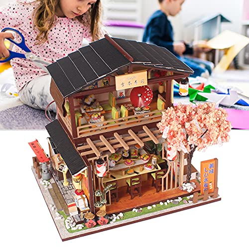 Casa de Muñecas, DIY Kit de Modelo de Tienda de Sushi Japonés de Madera Kit de Casa de Muñecas 3D Miniatura de Madera con Muebles Regalos Creativos de Navidad/Cumpleaños/Año Nuevo