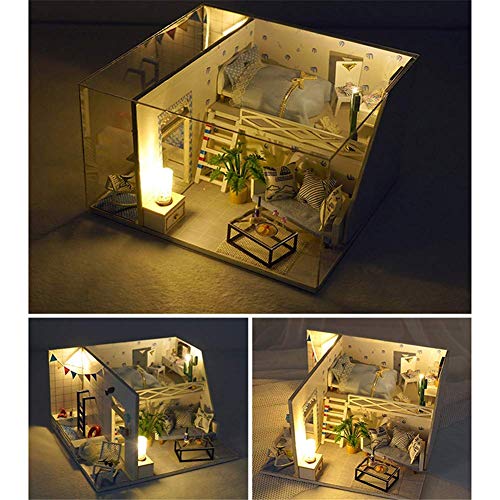 Casas para muñecas Casa de muñecas tipo loft en miniatura con cubierta antipolvo y muebles Accesorios para piscinas DIY Cabaña de estilo mediterráneo Casa de muñecas de madera Rompecabezas Cumpleaños