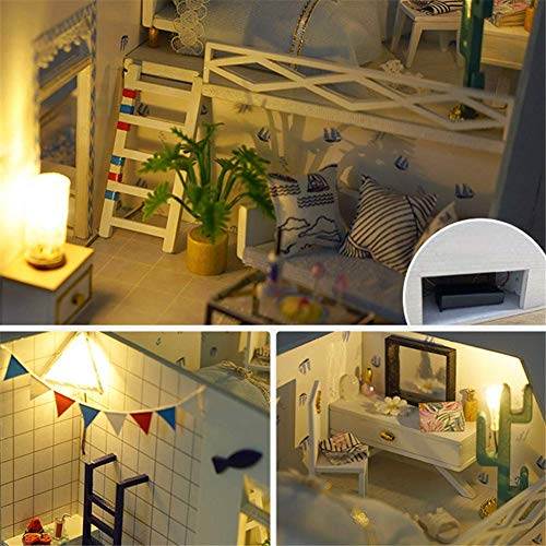 Casas para muñecas Casa de muñecas tipo loft en miniatura con cubierta antipolvo y muebles Accesorios para piscinas DIY Cabaña de estilo mediterráneo Casa de muñecas de madera Rompecabezas Cumpleaños