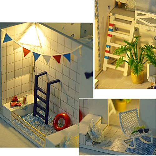 Casas para muñecas Casa de muñecas tipo loft en miniatura con cubierta antipolvo y muebles Accesorios para piscinas DIY Cabaña de estilo mediterráneo Casa de muñecas de madera Rompecabezas Cumpleaños