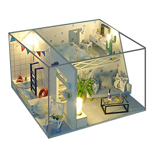 Casas para muñecas Casa de muñecas tipo loft en miniatura con cubierta antipolvo y muebles Accesorios para piscinas DIY Cabaña de estilo mediterráneo Casa de muñecas de madera Rompecabezas Cumpleaños