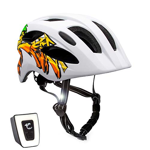 Casco de Bicicleta para niños Ajustable de tamaño Infantil a Juvenil | Tamaño 54-58 | Precioso Casco de Bicicleta para niños y niñas | Luz LED incorporada Recargable | Homologado por la CE