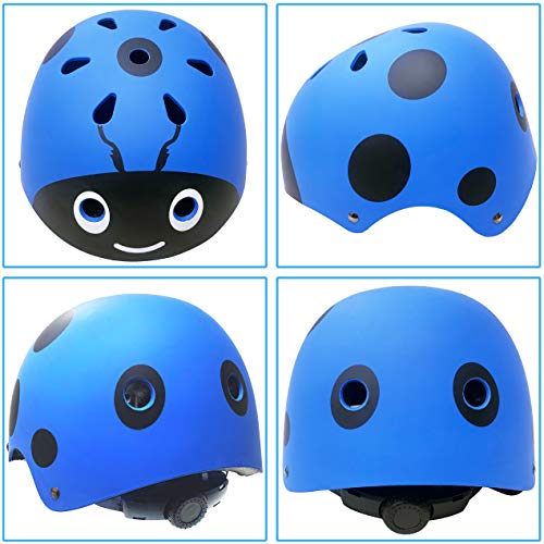 Casco para niños y niñas Casco cómodo Ajustable de Seguridad para patineta, patineta, Bicicleta (3-8 años) (Blue Ladybug, S(3-8years Old))